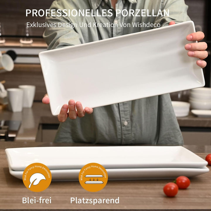 WishDeco Servierplatten Weiss Rechteckig 3er Set, Servierteller Gross 36x15 cm, Kuchenplatten Porzel
