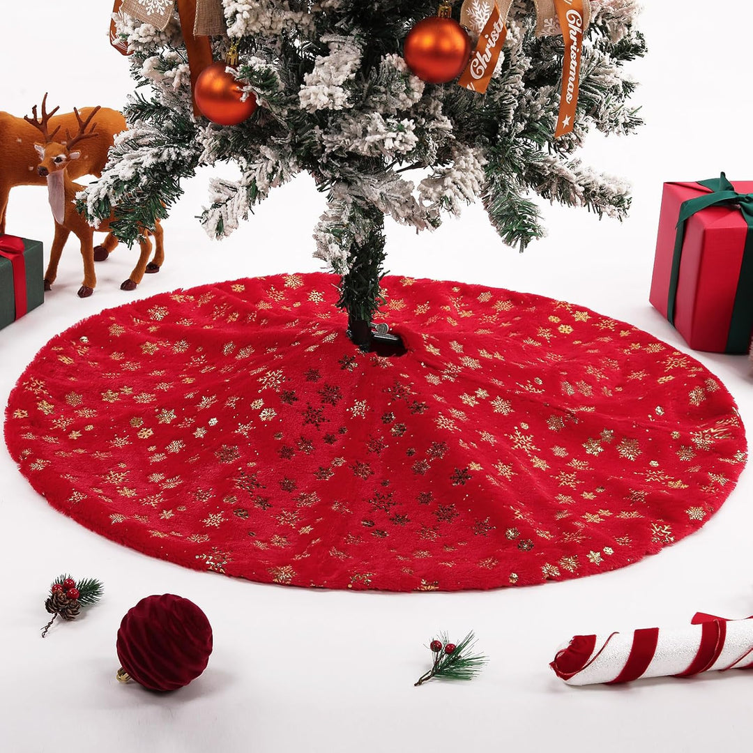 Weihnachtsbaum Rock Rot Weihnachtsbaumdecke Round Plüsch Christmasbaumdecke Glitzer Schneeflocke Fel