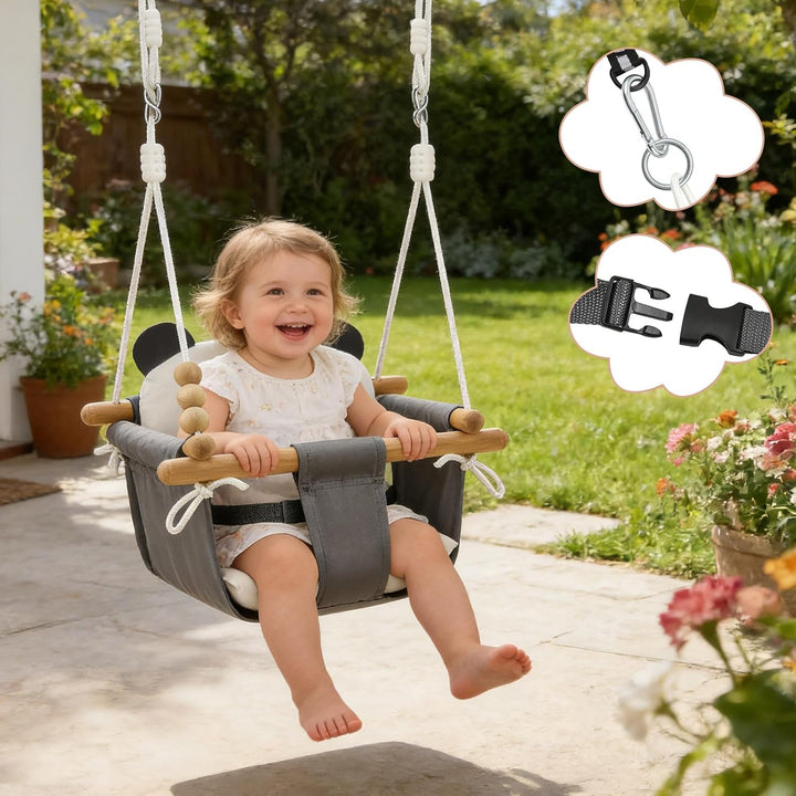 Babyschaukel aus Holz Kinder Schaukel Indoor mit Sicherheitsgurt Sicherheitsschnalle und Kissen, Kin