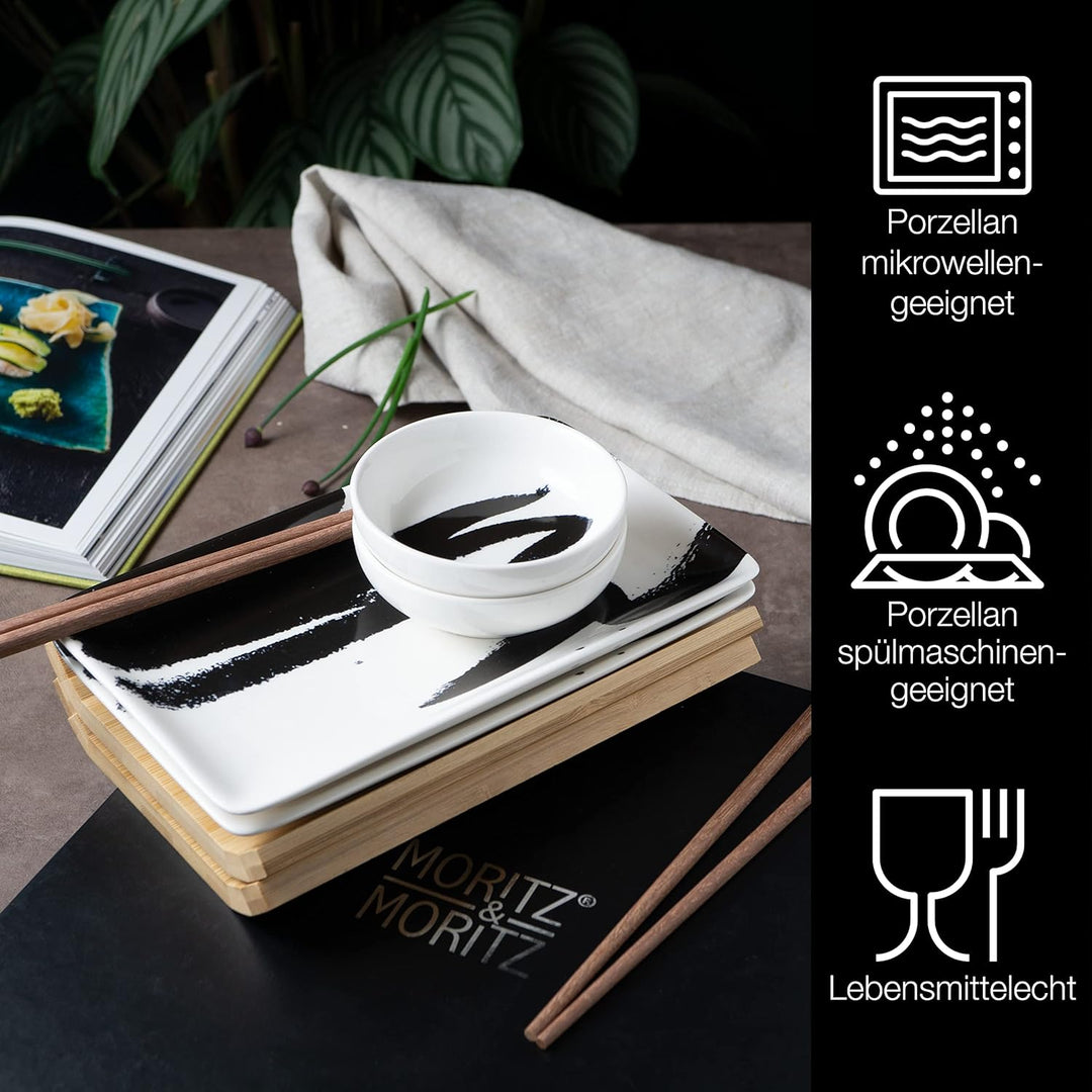Moritz & Moritz 10-tlg. Sushi Geschirr Set für 2 Personen - Sushi Servierset mit 2x Sushi-Teller, Di