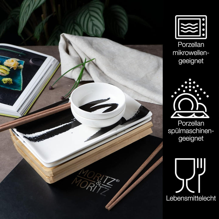 Moritz & Moritz 10-tlg. Sushi Geschirr Set für 2 Personen - Sushi Servierset mit 2x Sushi-Teller, Di