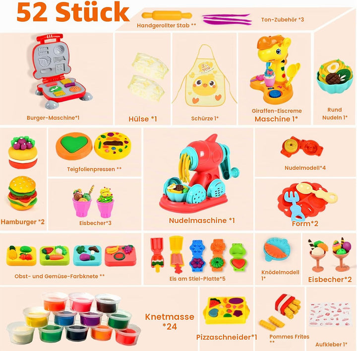 Knete Dough Set für Kinder,Knete Set für Kinder,Kitchen Creations Nudelmaschine Spielset Burger Eisc