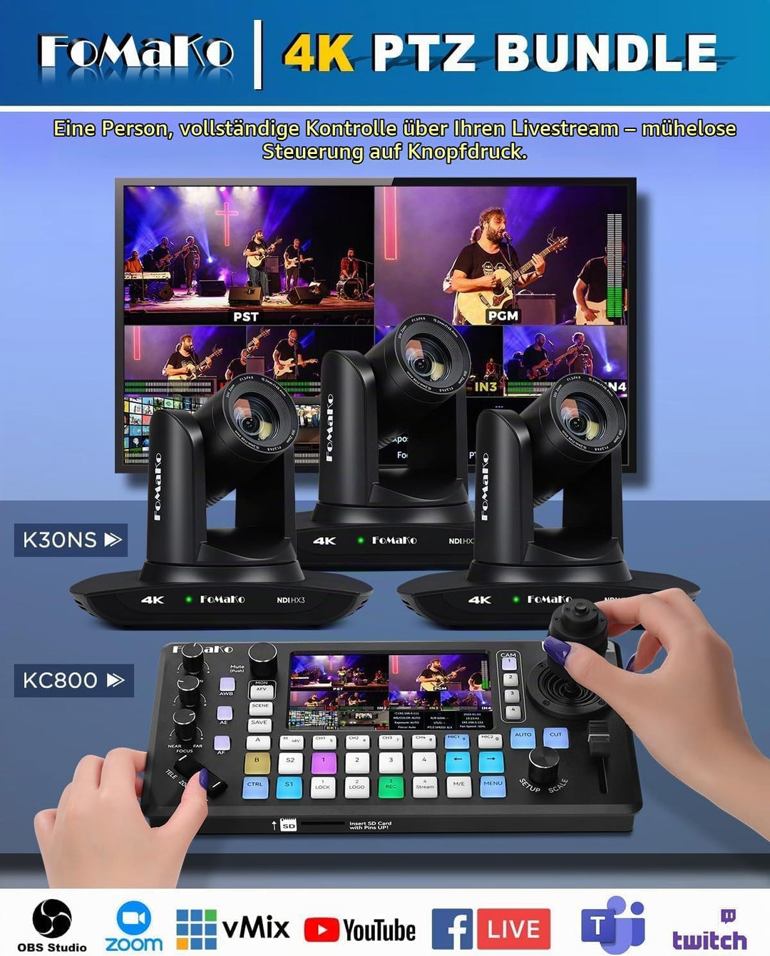 FoMaKo 4K 30x NDI PTZ Kamera, 30x Optischer Zoom, KI Auto-Tracking Gen 3, 3G-SDI HDMI LAN USB 3.0 PT