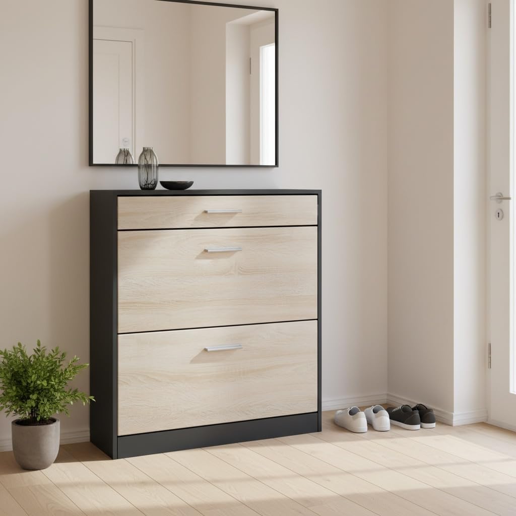 Schuhschrank Roma Schmal mit 2 Klappen und 1 Schublade, Platzsparender Schuhkipper Flurschrank für D
