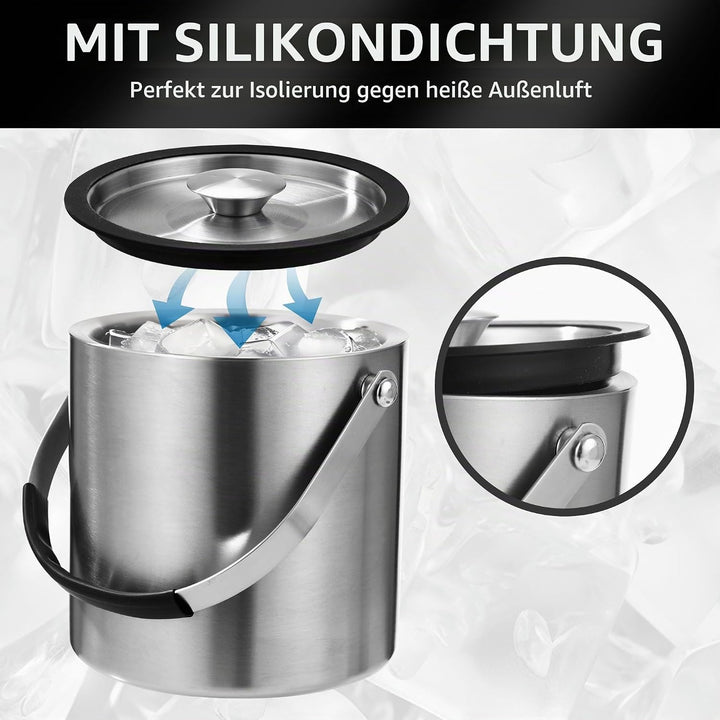 2L Eiswürfelform, Eiskübel mit deckel,Eiswürfelbehälter edelstahl mit Clips und Sieb, ideal für Part