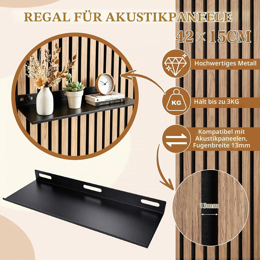 Regal für Akustikpaneele, 40×15cm Schwarz Metall Wandregal, Ohne Bohren Zubehör Akustikpaneele, Wand