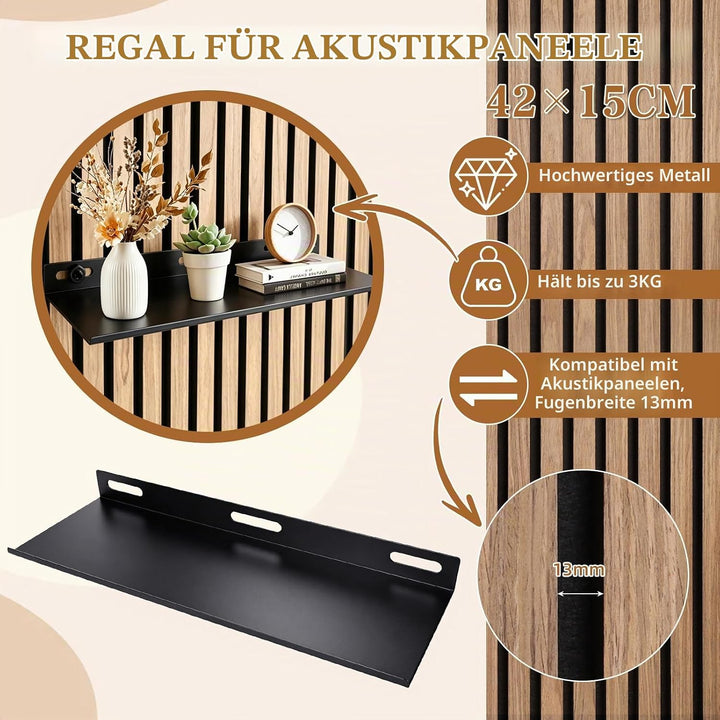 Regal für Akustikpaneele, 40×15cm Schwarz Metall Wandregal, Ohne Bohren Zubehör Akustikpaneele, Wand