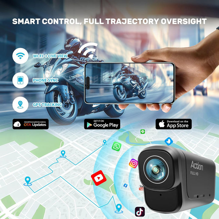 Dashcam Motorrad 4K+1080P,WiFi Dashcam Auto vorne hinten mit GPS,HDR,6 Stunden grosser Akku Action C