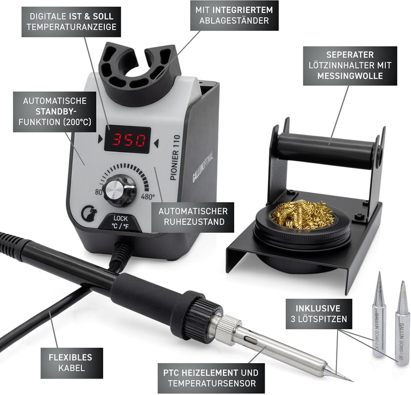 GALLUNOPTIMAL Lötstation Pionier 110 – 68 Watt – temperaturgeregelt - mit Temperatur-Display und Tem