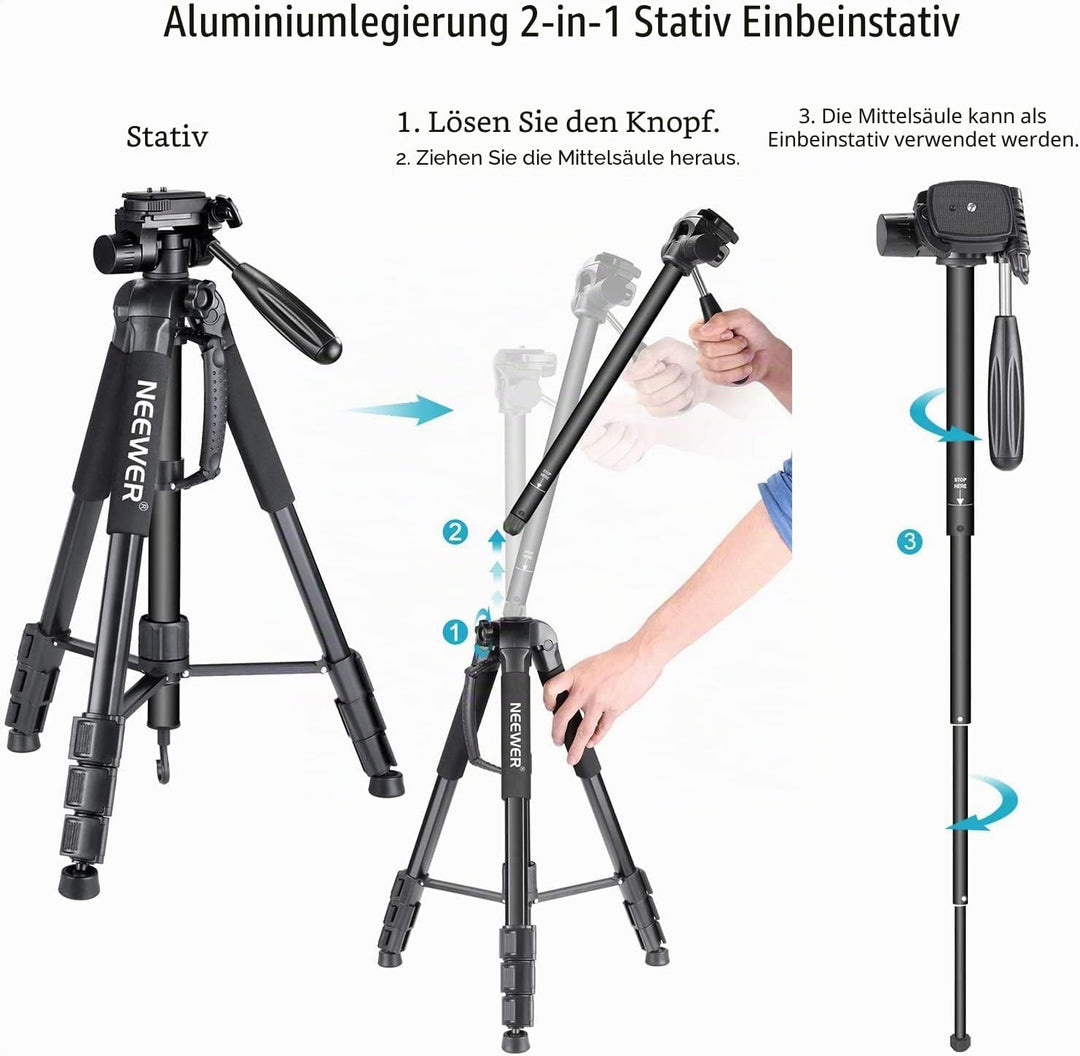 Neewer Tragbarer 177cm Aluminium Legierung Kamera Stativ Einbeinstativ mit 3-Wege-Drehgelenk Pan Hea