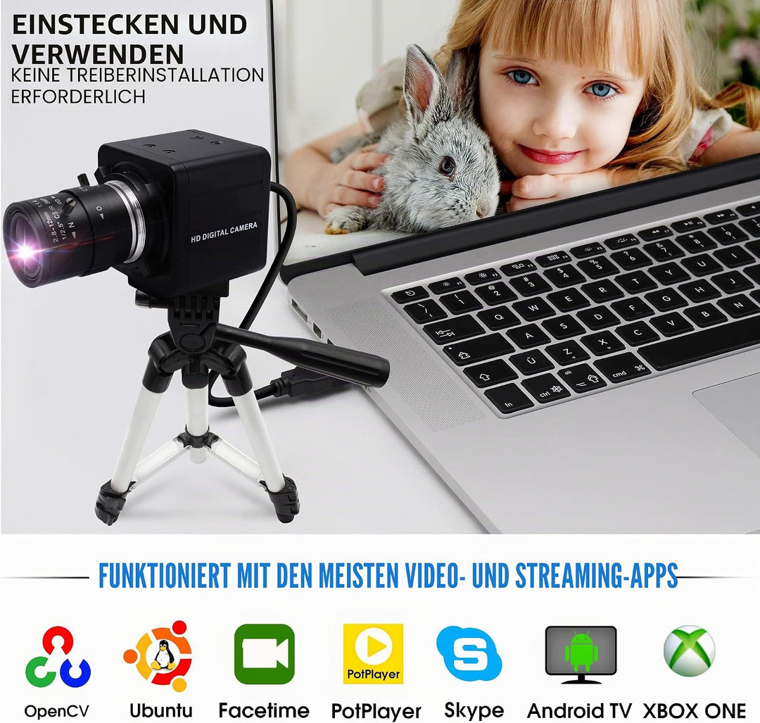 ELP Web Kamera 1080P mit 2.8-12mm Zoom Objektiv,2MP OV4689 60fps Weitwinkel Webcam Plug&amp;Play für PC,