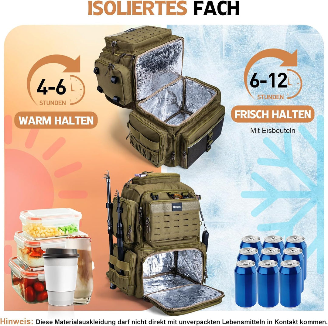 Goture Angelrucksack mit 4 Köderbox Angeln, 53-Liter Angelzubehör-Rucksack mit Zwei Rutenhaltern und