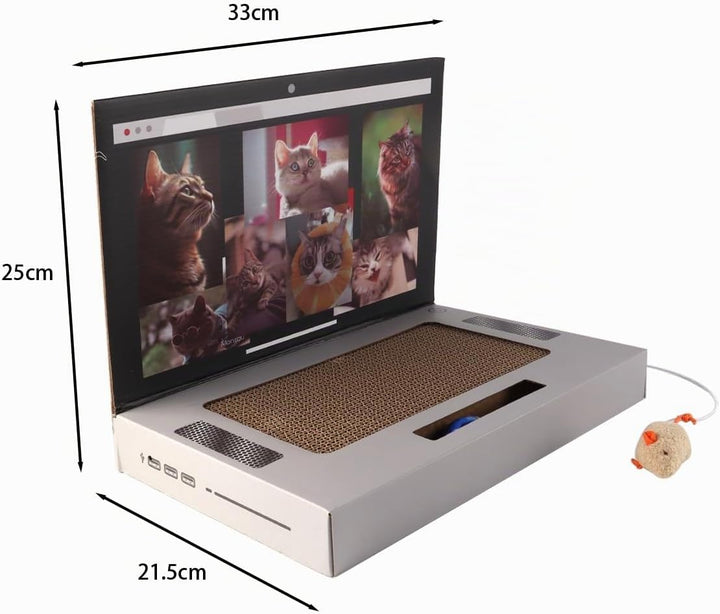Laptopförmiges Katzenkratzkissen Mit Plüschmaus Aus Alter Zeit. Robuste Wellpappe. Faltbares, Platzs