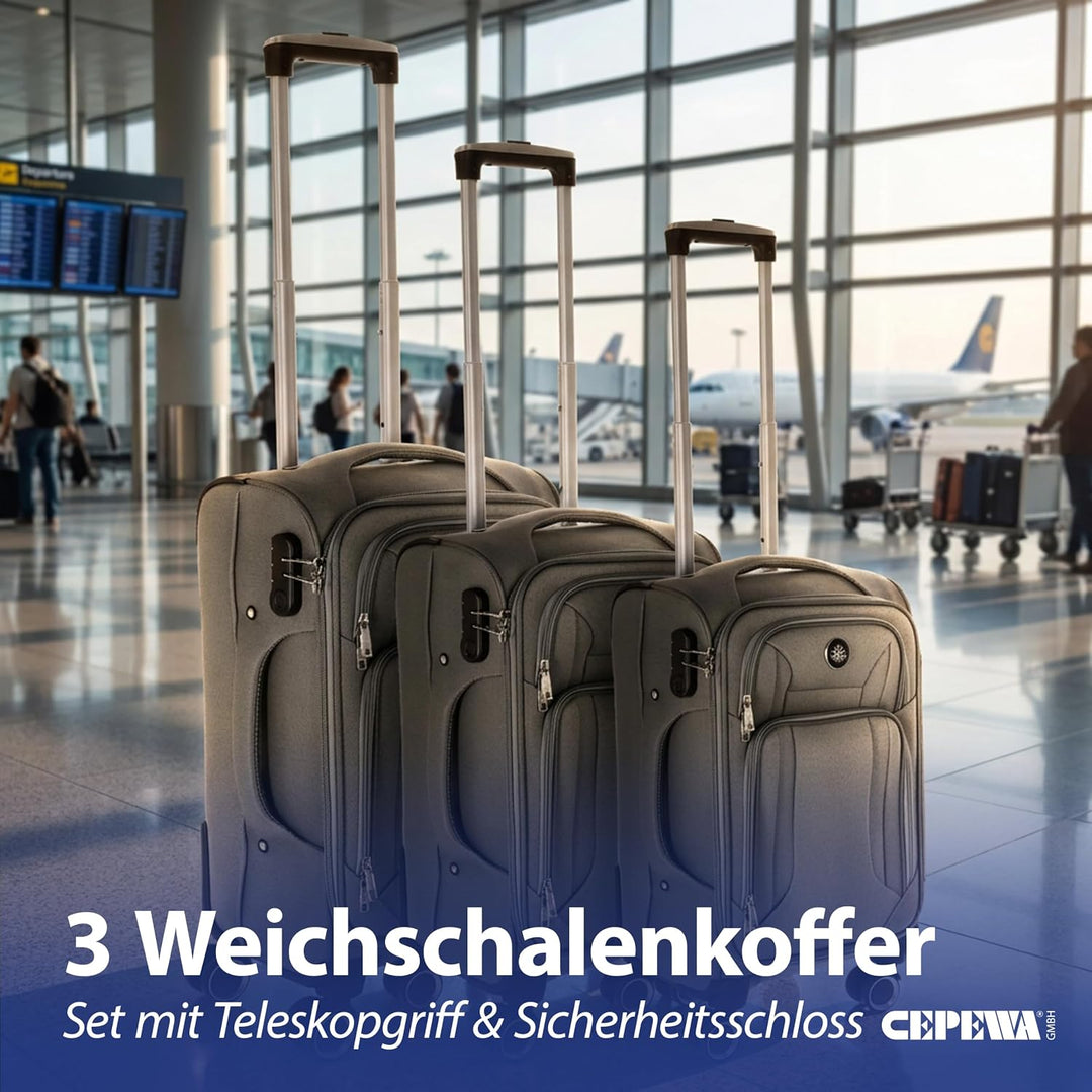 Cepewa Kofferset 3er Set aus Stoff | grau 3 Grössen Nylon | Teleskopstange Doppelrolle Zahlenschloss