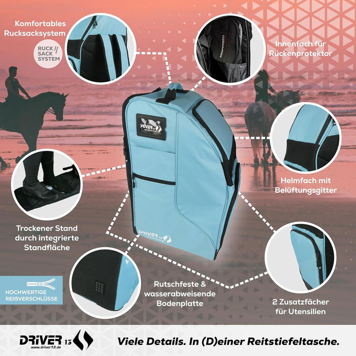 Driver13 Reitstiefelrucksack Deluxe mit Helmfach, Reitstiefeltasche und Stiefeletten Tasche, für Rei
