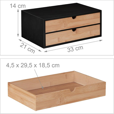 Relaxdays Schubladenbox, Bambus & MDF, Mini Kommode 2 Schubladen, HBT 14x33x21 cm, Schreibtisch Orga