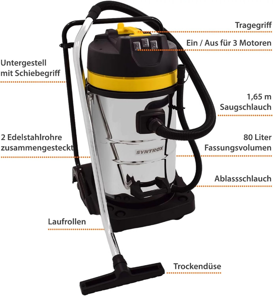 Syntrox Germany Industriesauger Samaka XL Edelstahl, 3 Saugturbinen, Grossraumsauger, Leistungsstark