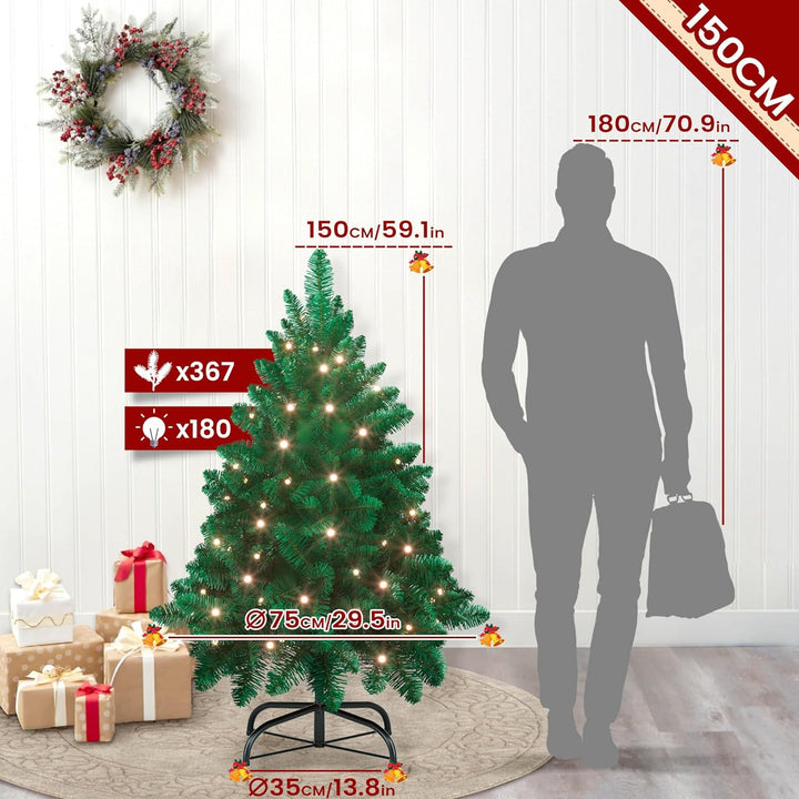 YRHome 150cm Grün PVC Künstlicher Weihnachtsbaum mit Beleuchtung - 180 Leuchten LED Christbaum Tanne