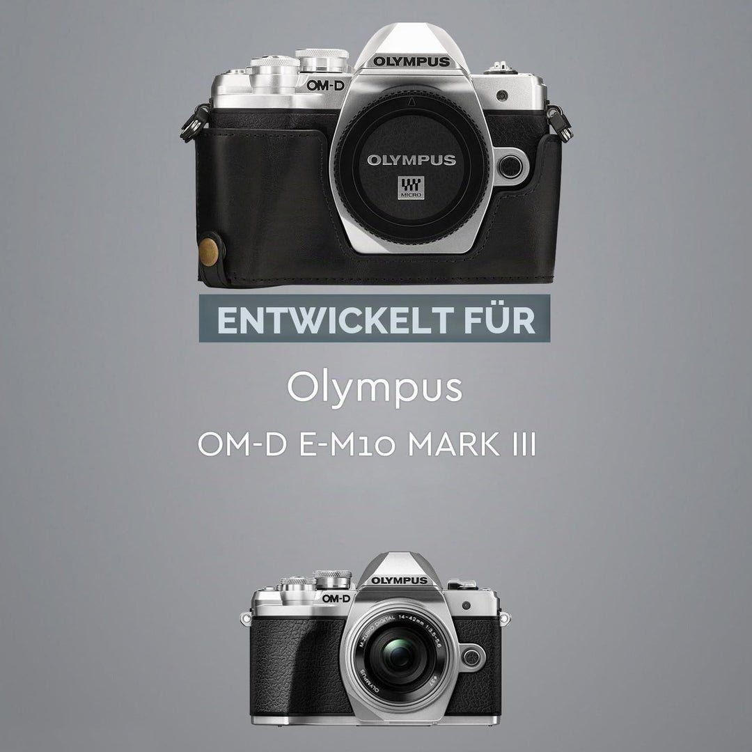 MegaGear Ever Ready Leder Kamera Halbtasche mit Trageriemen kompatibel mit Olympus OM-D E-M10 Mark I