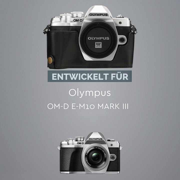 MegaGear Ever Ready Leder Kamera Halbtasche mit Trageriemen kompatibel mit Olympus OM-D E-M10 Mark I