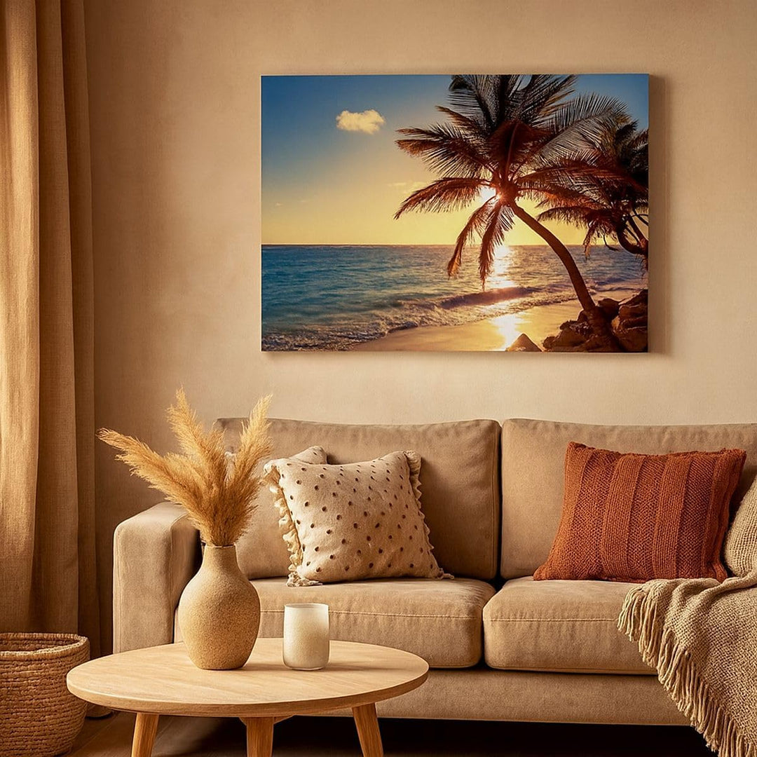 Bilder auf Leinwand 100x70cm Leinwandbild Wolke exotischer Palm- Landschaft Gross Wanddeko Bild Schl