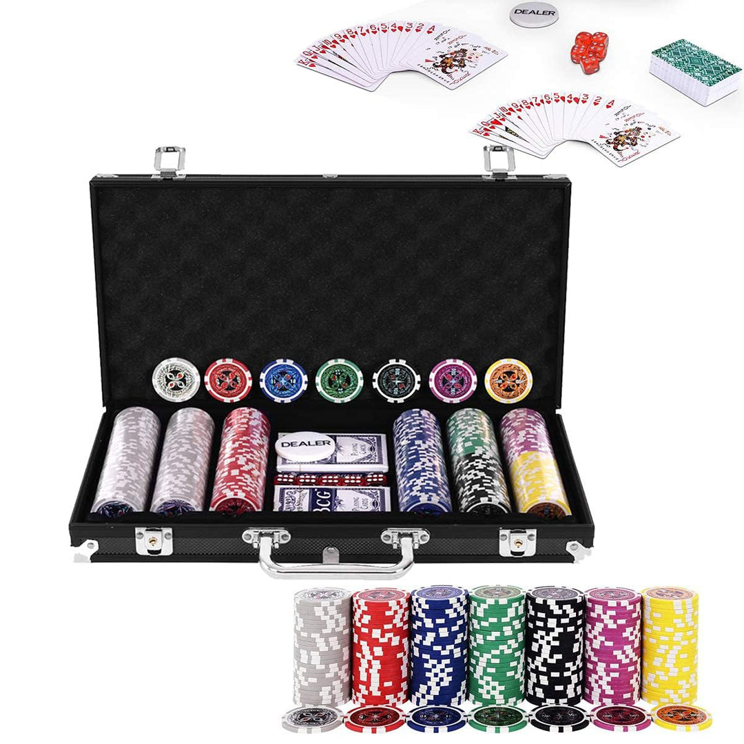 RELAX4LIFE Pokerset Pokerkoffer mit 300 Poker Chips, 2 Kartendecks, Händler & 5 Würfel, Kartenspiel