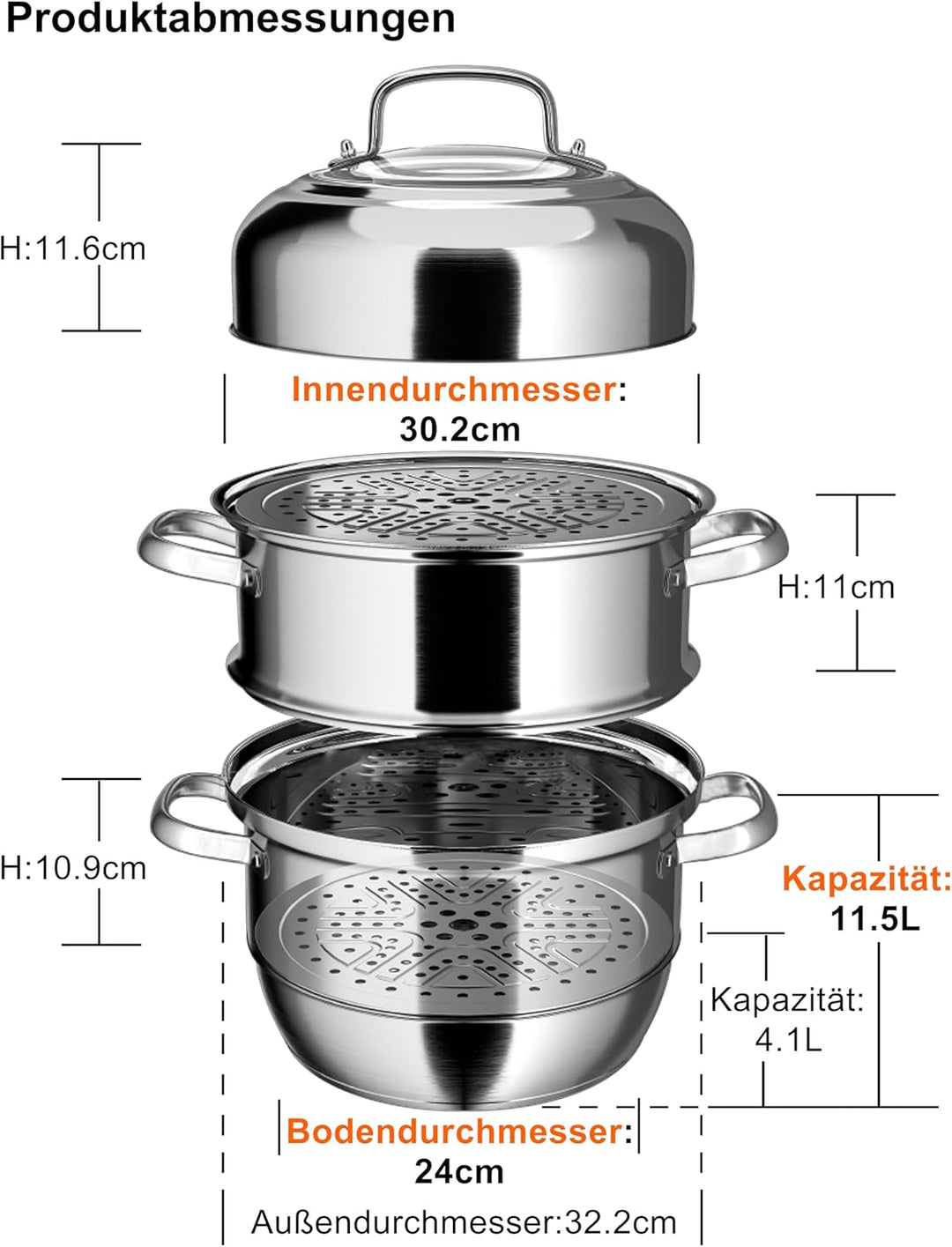 Dampfgarer Topf Induktion VENTION, Dampfkocher 32 cm, Dampftopf Gross 32cm, 32cm