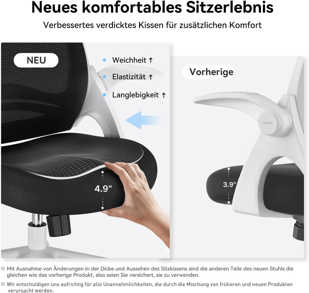 Hbada Bürostuhl Ergonomischer Schreibtischstuhl Drehstuhl mit klappbaren Armlehnen Mesh Computerstuh