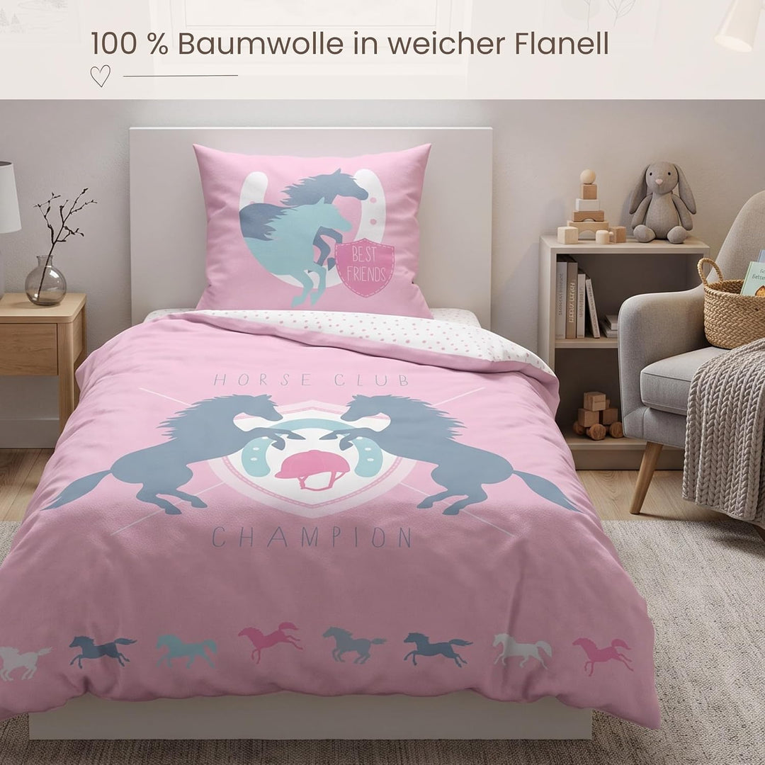 LUKRA Bettwäsche Mädchen Flanell 135x200 cm 135x200 cm 135x200 cm Kissenbezug 80x80 cm Pferd 100% Ba