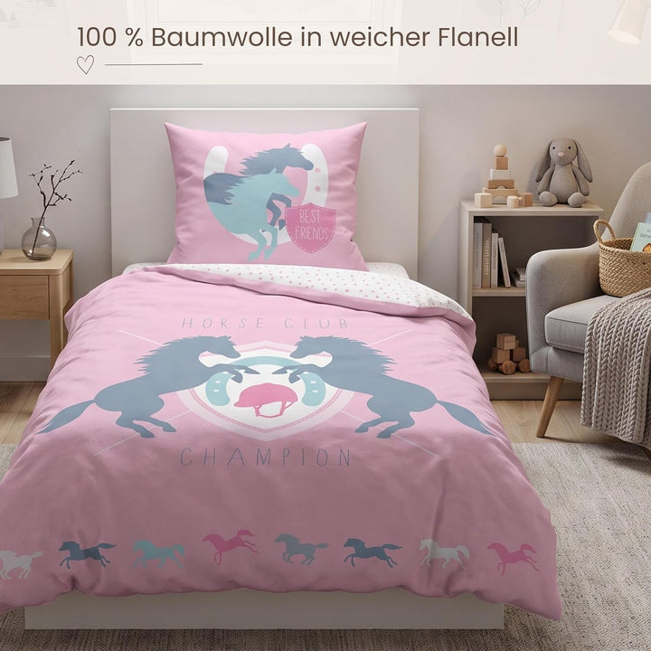 LUKRA Bettwäsche Mädchen Flanell 135x200 cm 135x200 cm 135x200 cm Kissenbezug 80x80 cm Pferd 100% Ba