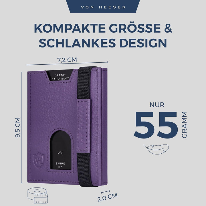 VON HEESEN Leder Slim Wallet - Geldbeutel mit RFID Schutz - Mini Geldbörse für Herren und Damen - Ka