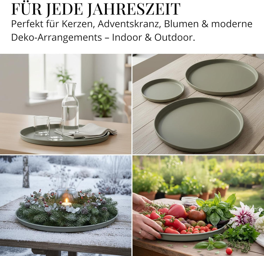 Deko Tablett 3er Set, Serviertablett rund (25 cm, 30 cm, 40 cm), Dekotablett für Adventskranz, Kerze