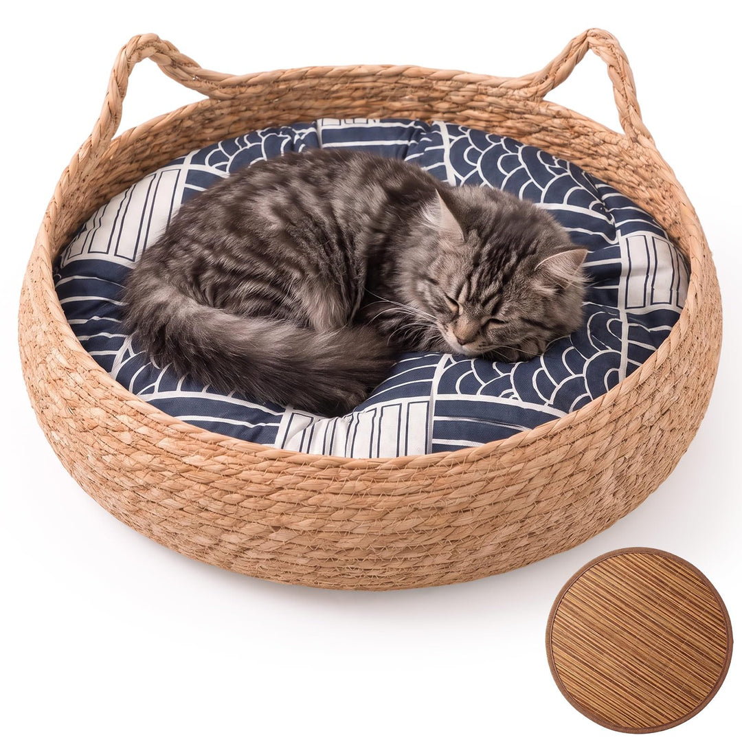Katzenkorb Geflochten, Ø42cm Katzenbett mit Wendbarem Kissen &amp; Kühlmatte, Waschbares Haustierbett fü