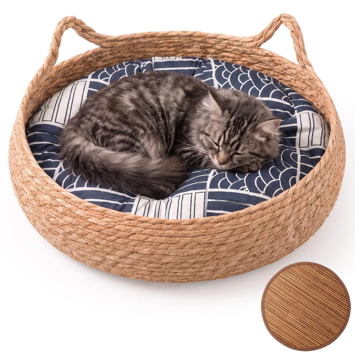 Katzenkorb Geflochten, Ø42cm Katzenbett mit Wendbarem Kissen &amp; Kühlmatte, Waschbares Haustierbett fü