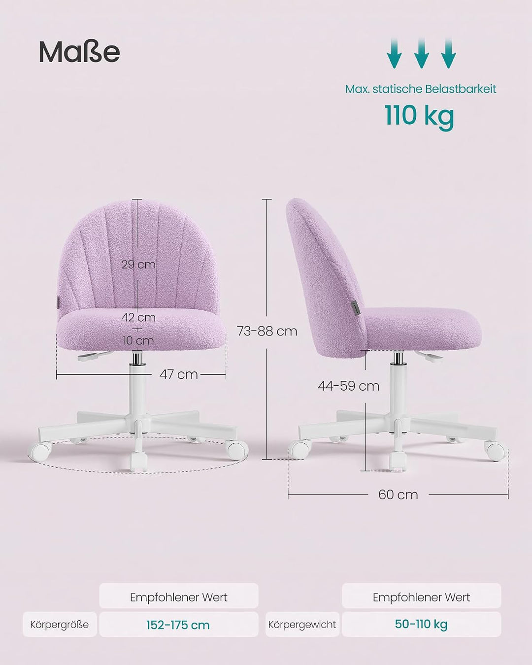 SONGMICS Homeoffice-Stuhl, Schminkstuhl aus Teddy-Fleece, Schreibtischstuhl, Schaumstoffpolsterung,