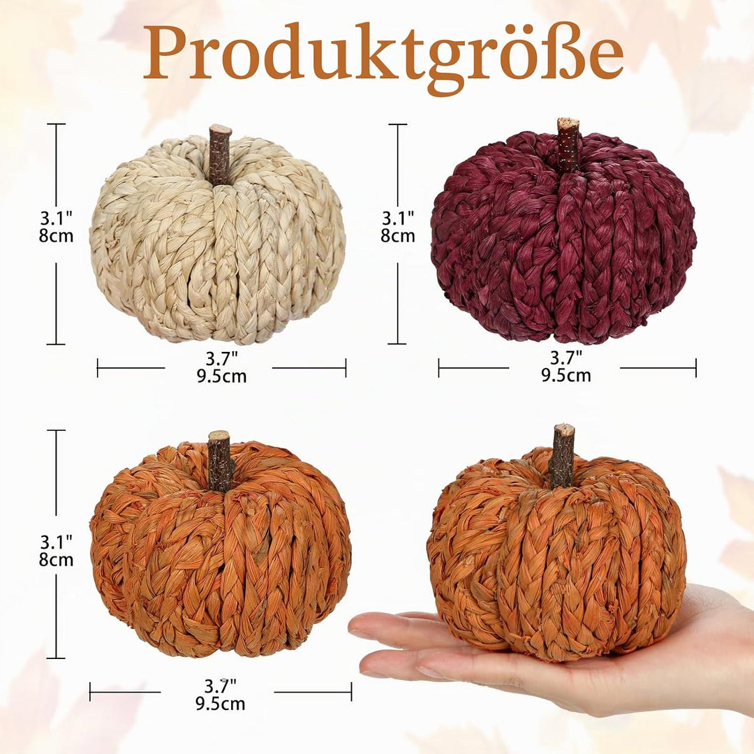 Hollyone 3er-Set Künstlicher Kürbis Herbstdeko Kleine Kürbisse Deko Orange Rot Beige Gewebte Kürbiss
