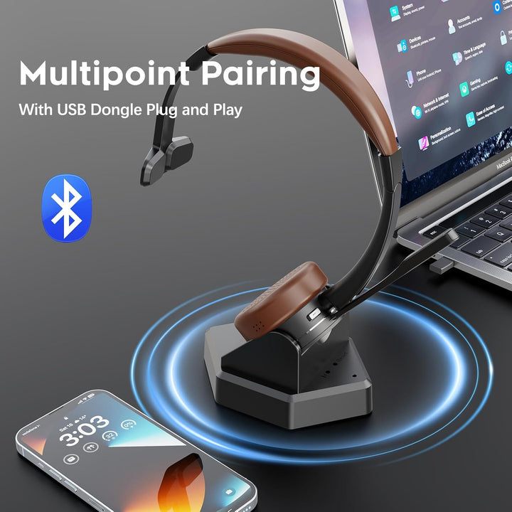 Bluetooth Headset, Mono Wireless Headset mit Mikrofon und Rauschunterdrückung & USB-Dongle, Kabellos