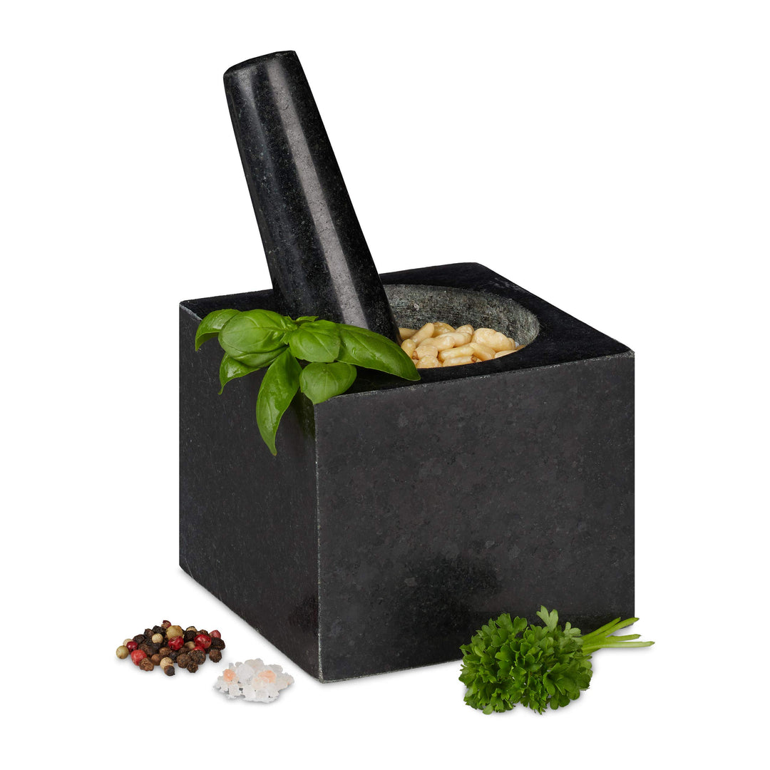 Relaxdays Granit Mörser mit Stössel, eckig, langlebig, Gewürze, Kräuter, 9,5x11x11cm, 250 ml, polier