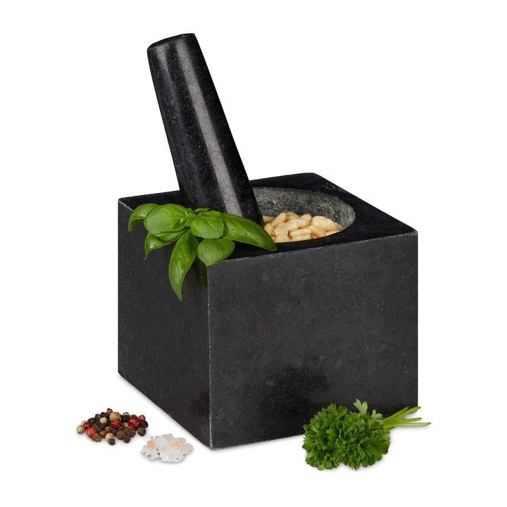 Relaxdays Granit Mörser mit Stössel, eckig, langlebig, Gewürze, Kräuter, 9,5x11x11cm, 250 ml, polier