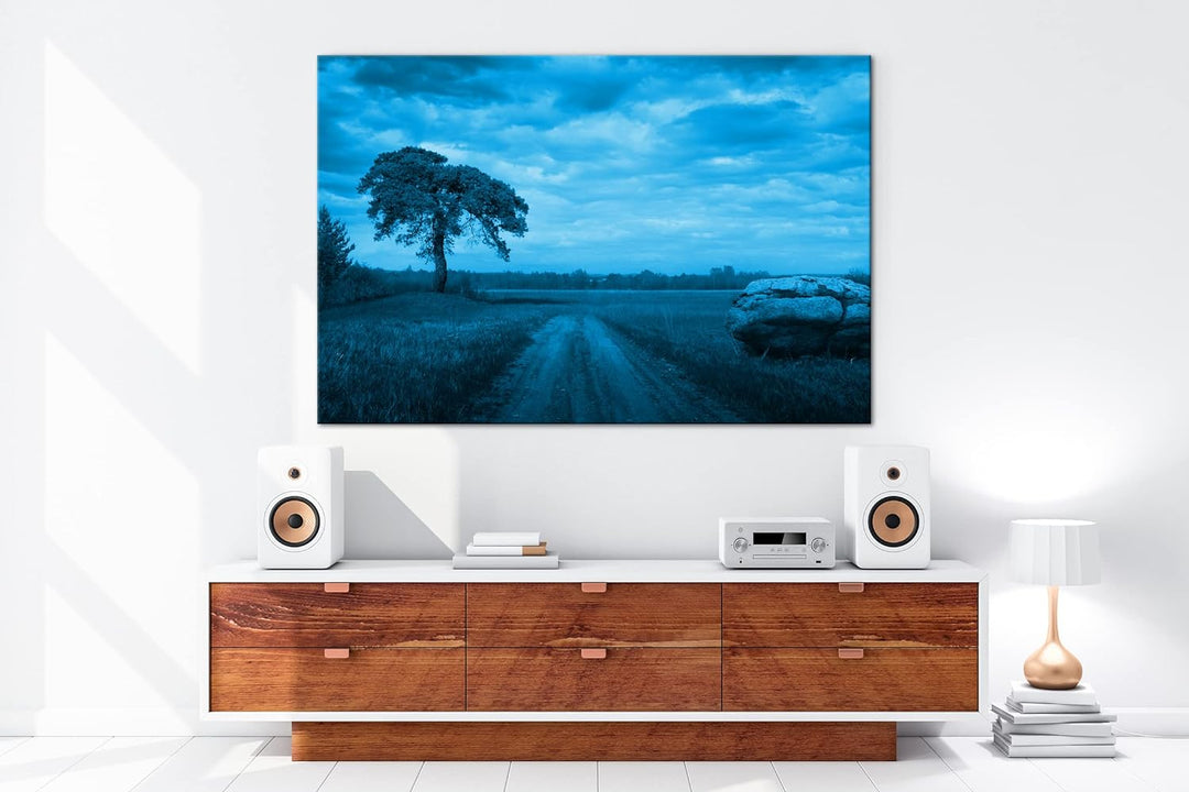 deyoli malerischer bewölkter Feldweg Format 80x60 Effekt: Monocrome Blau als Leinwandbild, Motiv fer