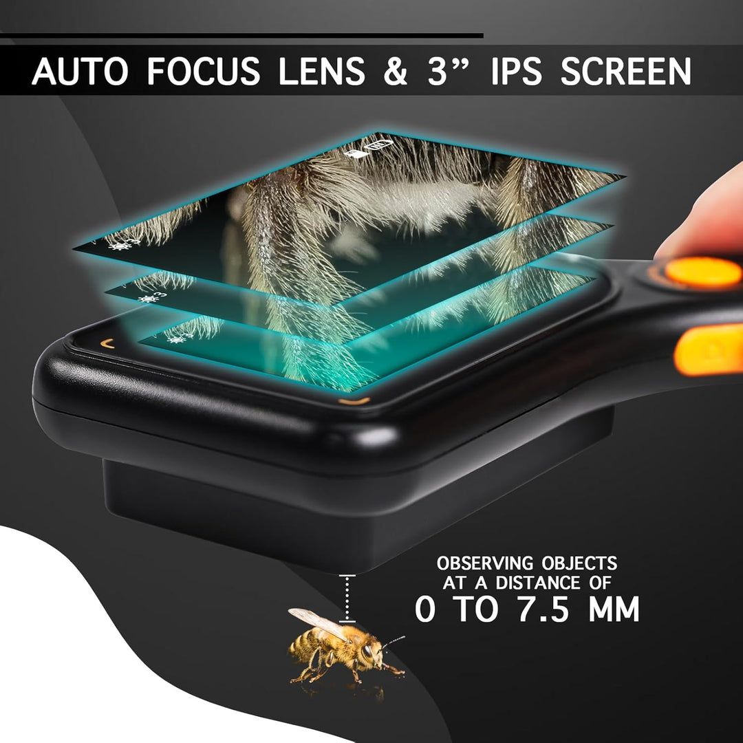 Digitales Mikroskop mit 7,6 cm (3 Zoll) IPS-Bildschirm, Autofokus, 8 LED-Leuchten, TF-Kartenschlitz,