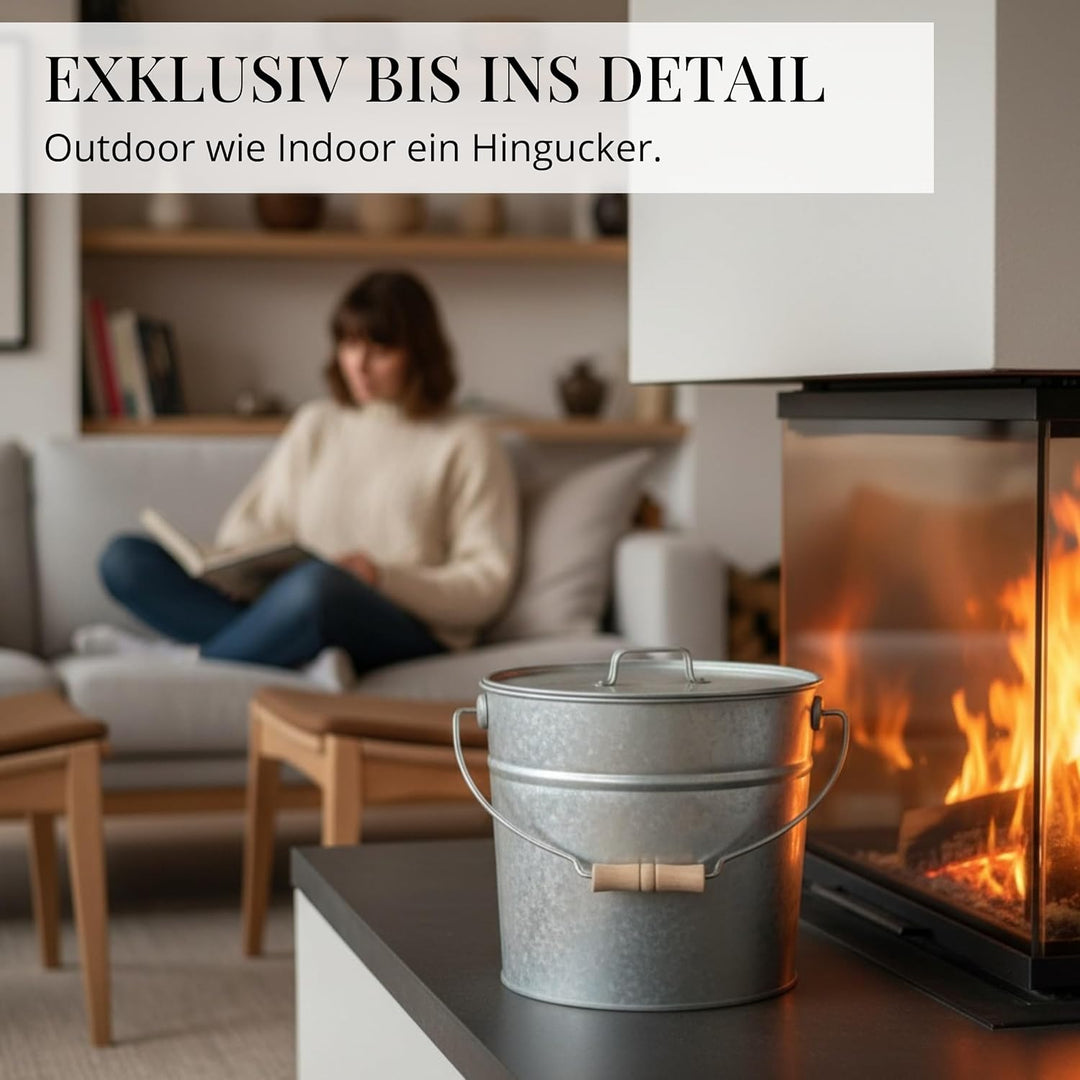 LIVLIG Premium Ascheeimer mit Deckel 12L Zink, exklusiver verzinkter Eimer mit Deckel für Moderne Ka