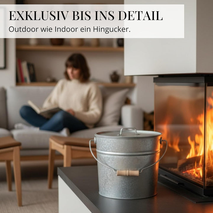 LIVLIG Premium Ascheeimer mit Deckel 12L Zink, exklusiver verzinkter Eimer mit Deckel für Moderne Ka