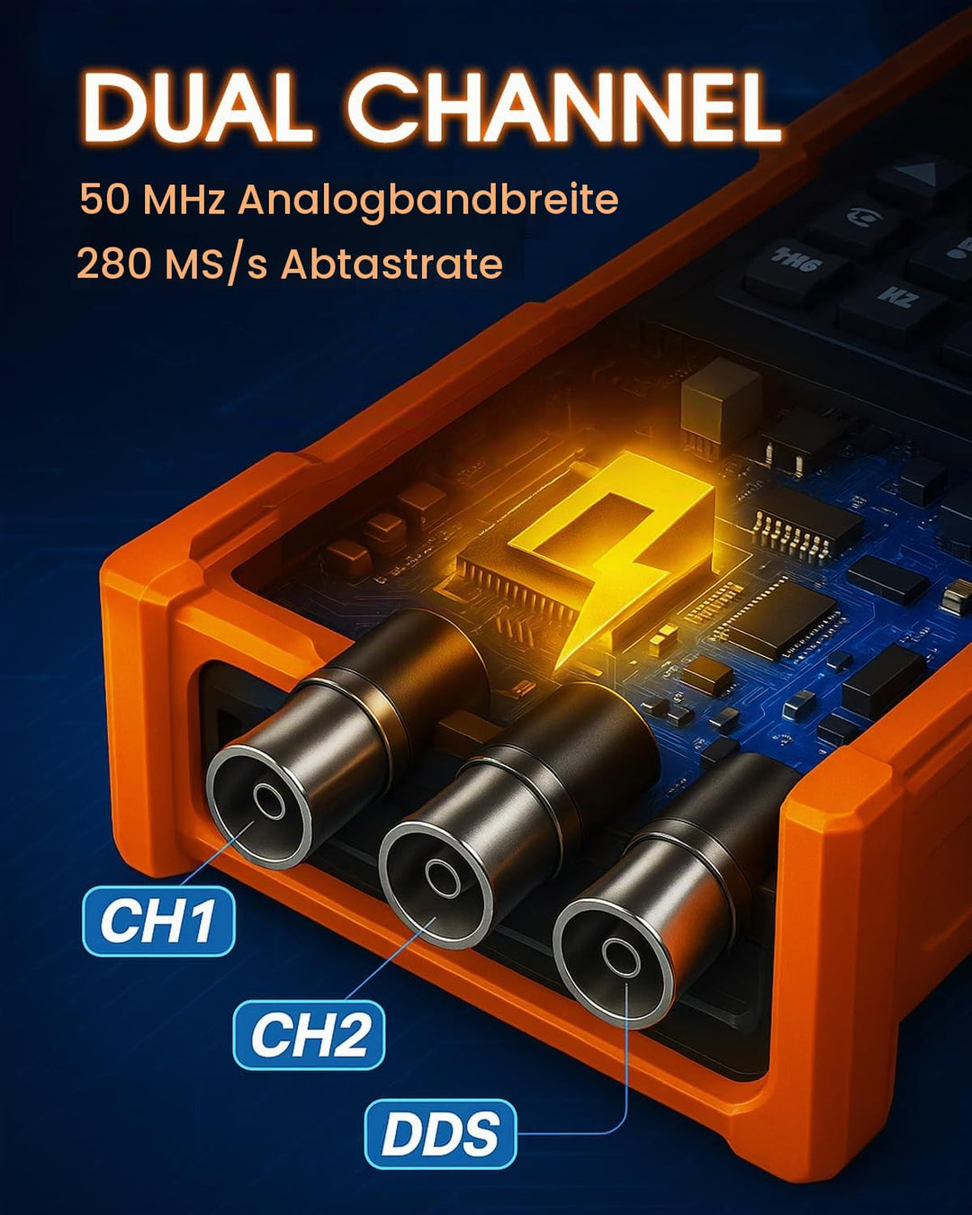 SURLABA Oszilloskop 3in1, 2 Kanal Oszilloskop mit 50 MHz Bandbreite, 280 MSa/s, TRMS 6000 Count Mult