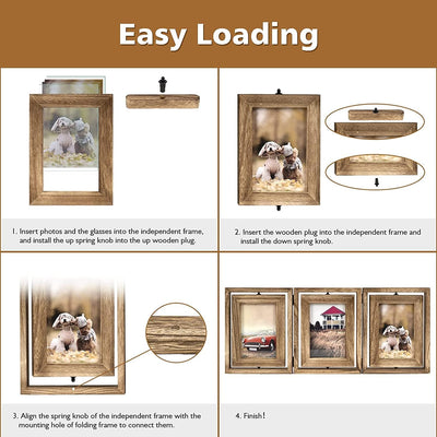 Emfogoo Bilderrahmen 10x15, Rustikal Holz 3 Falten Fotorahmen mit Doppelseitigem Display Drehbar Bil