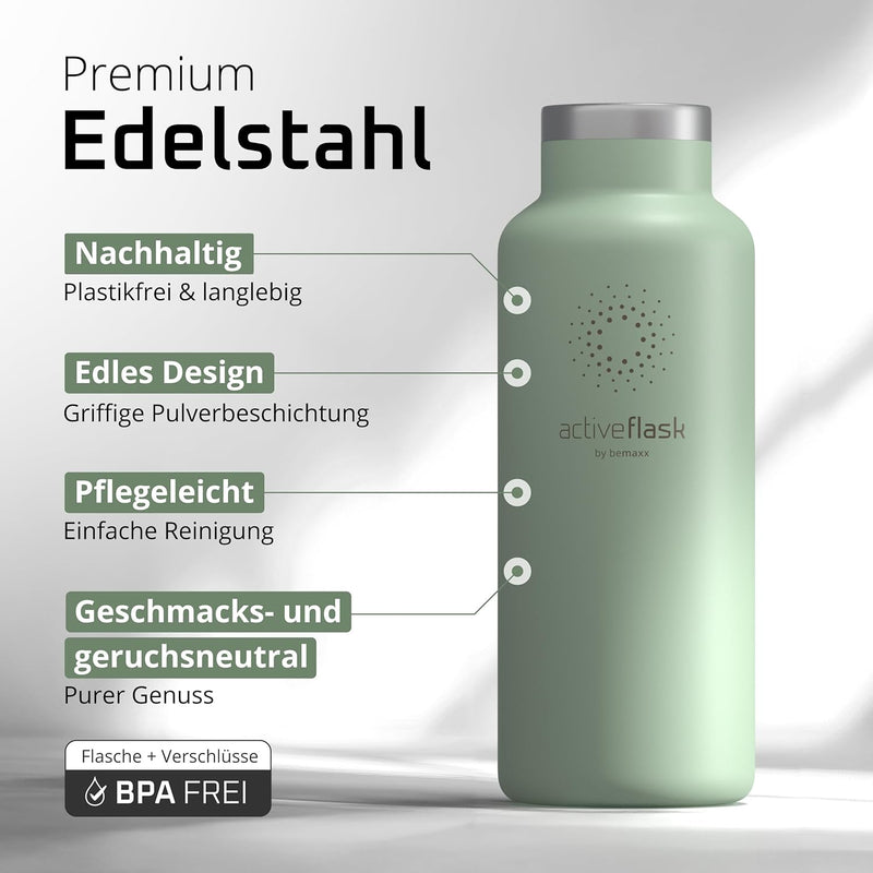 Trinkflasche Edelstahl mit Strohhalm, Infuser + 3 Deckel: BPA-frei, Auslaufsicher, Kohlensäure geeig