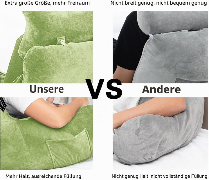 SLIGUY Lesekissen, Bettruhe Kissen mit abnehmbarer Nackenrolle und höherem Stützarm zum Sitzen im Be