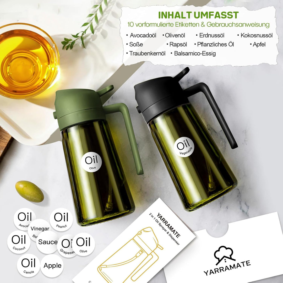 YARRAMATE 2 Stück 470ml Ölsprüher zum Kochen, 2-in-1 UV Schutz ölzerstäuber für die Küche, hochwerti