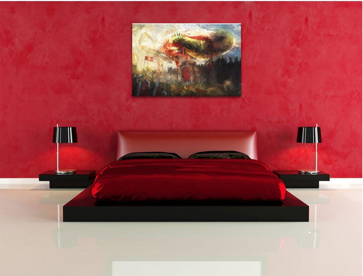 Pixxprint Drache über der Festung / 100x70cm Leinwandbild bespannt auf Holzrahmen/Wandbild Kunstdruc