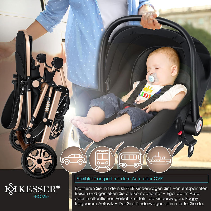 KESSER® Loops 3 in 1 Kinderwagen Kombikinderwagen komplettset incl. Babywanne & Buggy Sportsitz & Au